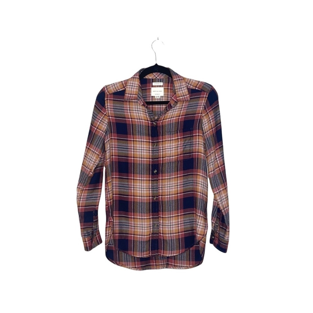 American Eagle Burnt Orange Button Down Boyfriend Fit Plaid Shirt Xsmall Women’s